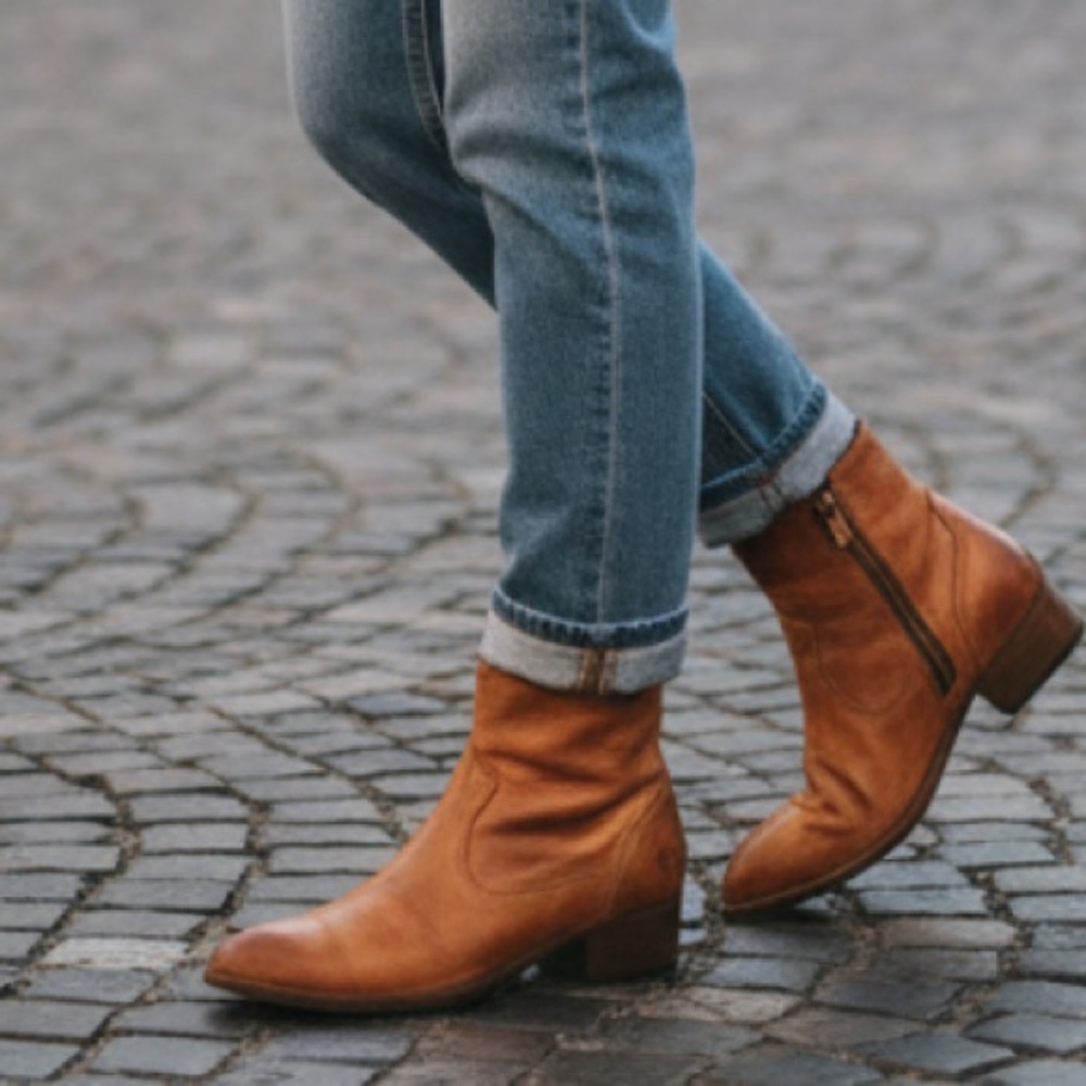 Frye Brooke Short Cognac Genuine Leather Inside Zip Classic Comfy Ankle Booties